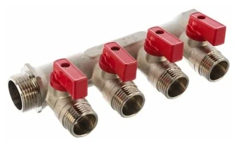 Коллектор латунный 4 выхода наружный 3/4-1/2" с кранами Aqualink
