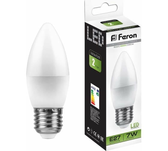 Лампа светодиодная Е27 7Вт холодный свет свеча Feron 25759